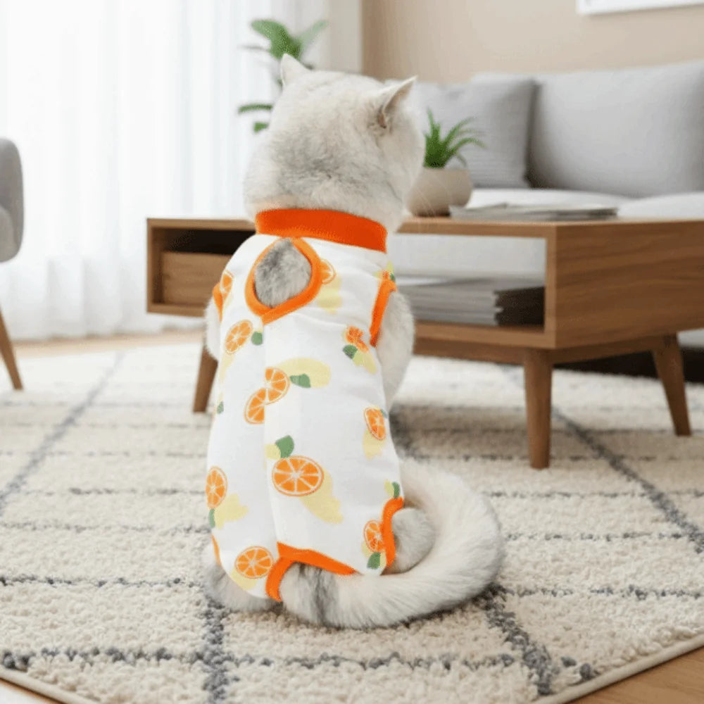 Fruit Printed Cat Recovery Clothing High Elasticity Breathable Pet Anti-Licking Vest Soft Comfortable Pet Weaning Suit Pet Care