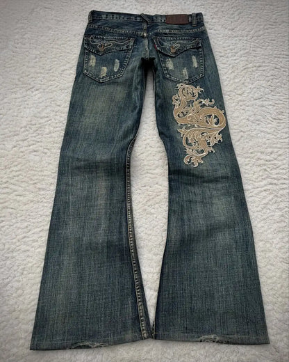 Retro Shallow Water Washing High-bright Lines Thorn Art Embroidery Pattern Y2K Blue Jeans Women's Personalized Micro-flare Pants