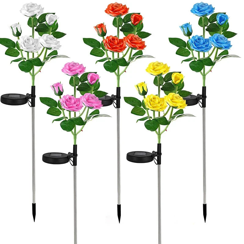 Solar Led Lights Outdoor Decorative 5 Heads Solar Garden Lights Waterproof Rose Flower Lawn Lamp for Yard Patio Garden Decor