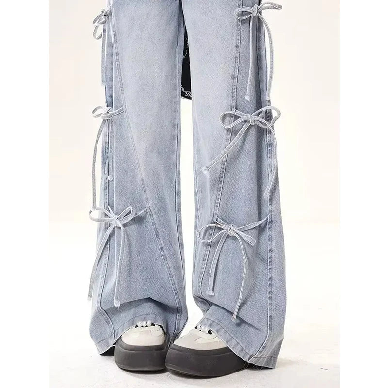 MEXZT Y2K 2000S Jeans Women Vintage Streetwear Bow Bandage Wide Leg Denim Pants Harajuku Korean Baggy Casual Straight Trousers