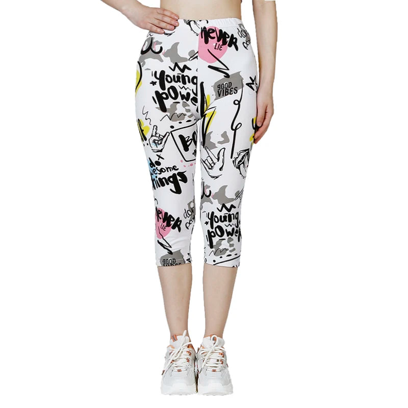 K471 Summer Capris Leggings, White Yellow Letters, Cloud Printed Capris, Soft and Elastic Casual Sportswear for Women