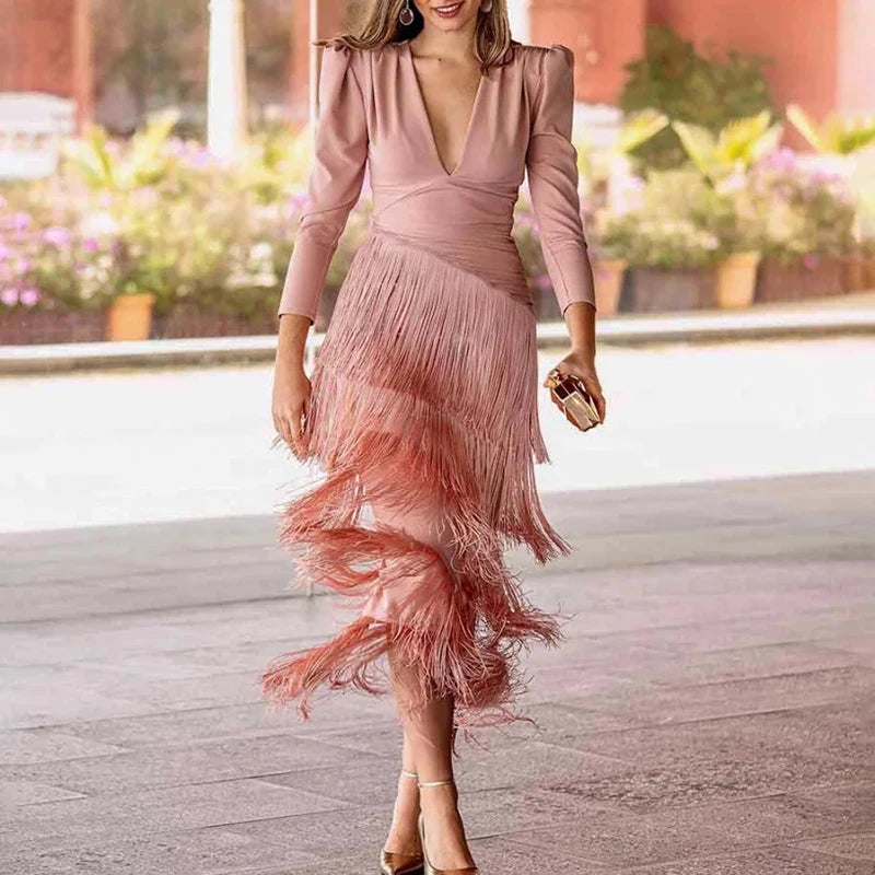French Elegant Deep V Neck Slim Prom Dresses 2025 Spring Solid Spliced Tassel Long Dress Woman Long Sleeve New Autumn Maxi Dress