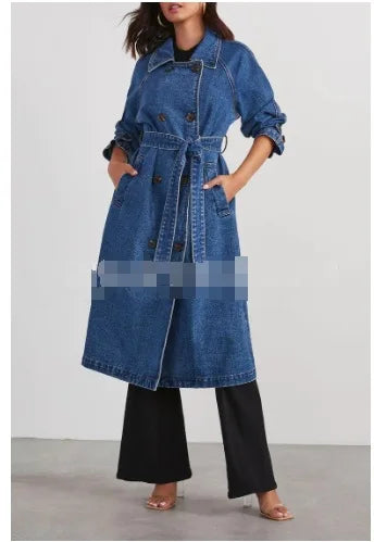 Denim Windbreaker for Women 2025 Washed Long Jackets Pockets Lace Up Lapel Double Breasted Trench Coat Casual Female Outerwear