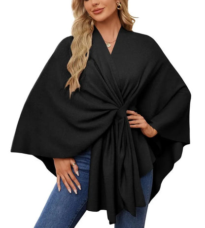 Women's Trendy Autumn And Winter Loose V-Neck Shawl Cape Elegant Shawl Wraps Casual Solid Color Soft Open Front Poncho bat shirt