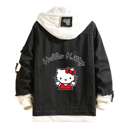 Anime Sanrio Denim Bomber Jacket Hello Kitty Hooded Jeans Sweatshirt Unisex Ripped Hole Cosplay Hoodie Long-Sleeved Denim Jacket