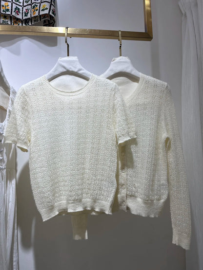 Women Hollow Out Long Sleeve Single Breasted Knitted Cardigan or Round Neck Short Sleeve Pullover