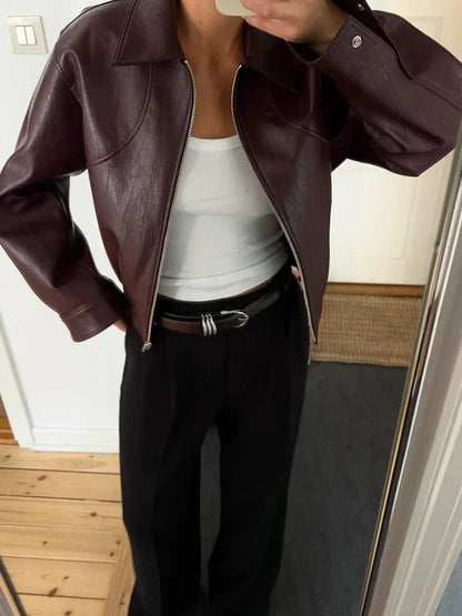 Women Wine Red Lapel Leather Jacket Fashion Full Sleeve Collar Zipper Elastic Waist Coat 2025 Casual Autumn Daily Office Outwear