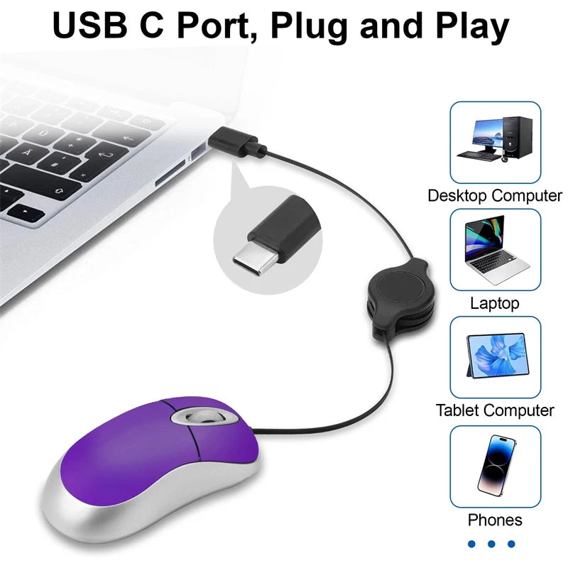 Computer 3 Buttons Mouse Mini Wired Small Hand Retractable USB Cable Adjustable Scalable Gaming Mice Office Kids