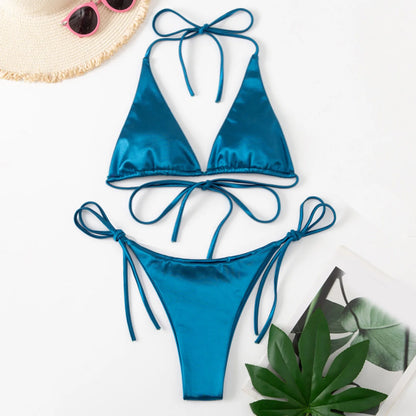 Brazilian Bikini Set Women Halter Neck Triangle Cup Swimwear Low Waist Satin Bandage Bikini Swimwear Summer Beach Bathing Suit