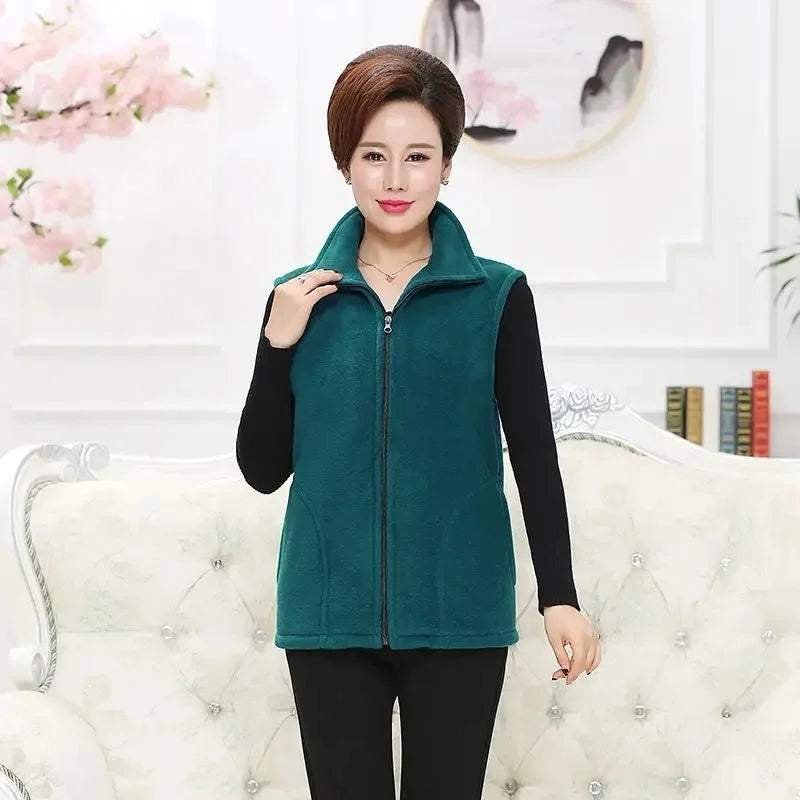 Autumn Winter Women Fashion Stand Up Polar Fleece Vest For Women's Solid Warm Lady Sleeveless Jacket