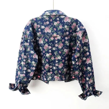 Ladies Spring And Autumn New Retro Fashion Joker Floral Print Long Sleeve Denim Jacket Short Loose Jacket Button Lapel Jacket
