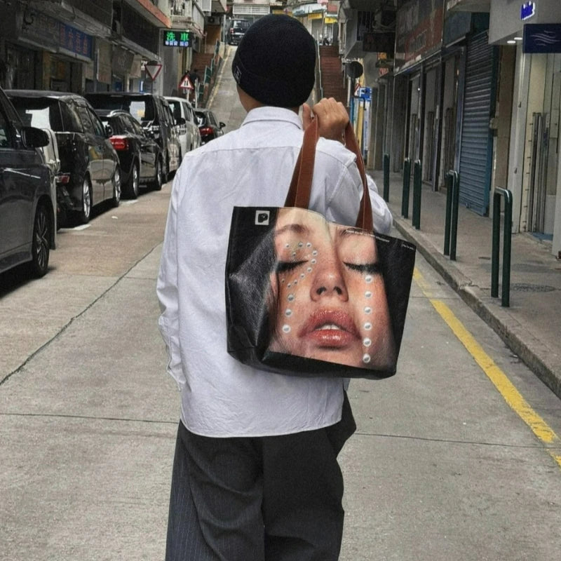 New Stylish Large-capacity Waterproof Shoulder Bag - Creative Women's Face-print Handbag - DuPont Paper Large Shopping Bag
