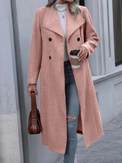 Chic Elegant Women Solid Color Grey Long Sleeve Pockets Double Breasted Fake Woolen Coat Woman Winter Warm Long Outwear