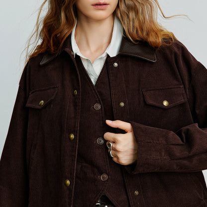 TOYOUTH Women Jacket 2025 Autumn New Collection Lulu style Retro Corduroy Splicing Collar Loose Short Coat