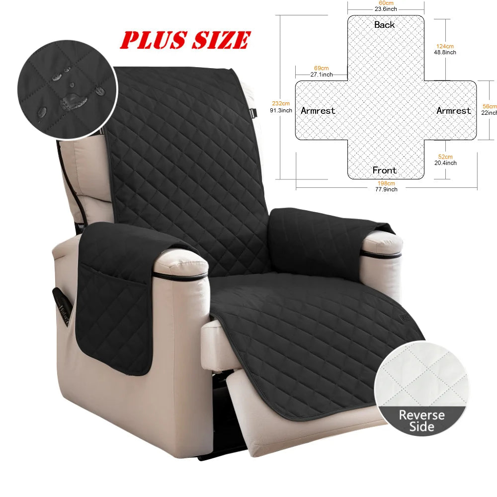 Quilted Recliner Sofa Cover Waterproof Armchairs Slipcovers Dogs Pets Kids Anti-Slip with Side Pockets Elastic Strap Protector
