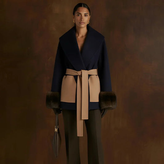 Stylish Girl New Imitation Wool Color Blocked Casual Jacket Faux Fur Cuffs Slim Fit Belt Coat Date Commuter  Female Clothing