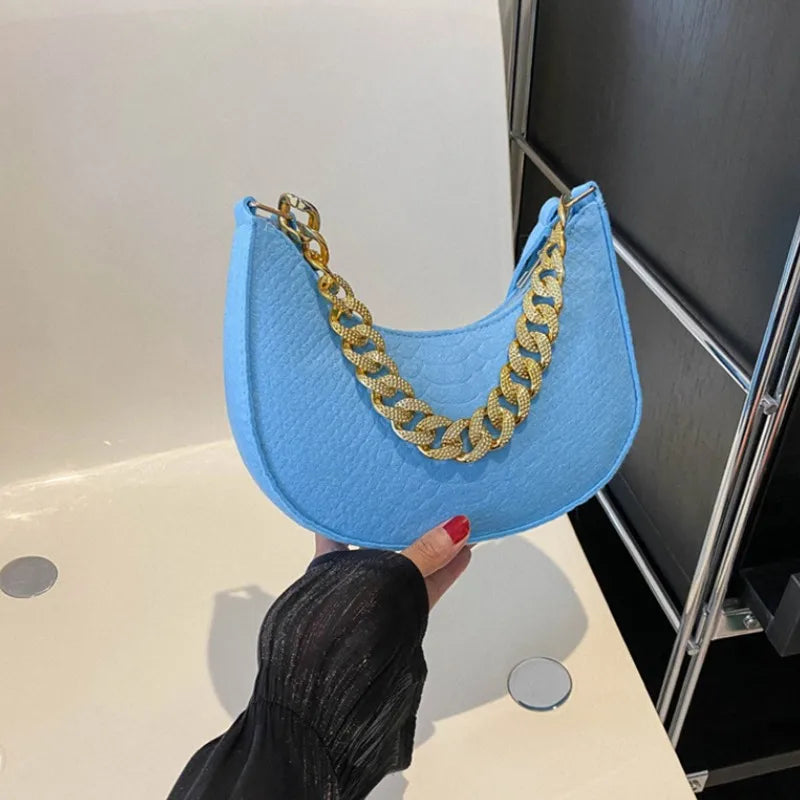 Fashion Women Felt Handbags Imitation Metal Chain Underarm Bag Retro Ladies Solid Color Shoulder Bag Trendy Casual Clutch Purse