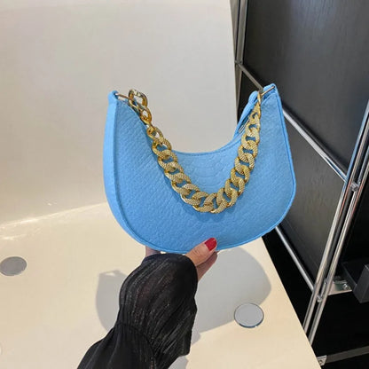 Fashion Women Felt Handbags Imitation Metal Chain Underarm Bag Retro Ladies Solid Color Shoulder Bag Trendy Casual Clutch Purse