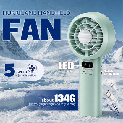 Portable Handheld Fan, 5 Speeds, LED Screen, Rechargeable Battery, Quiet Strong, 2-in-1 Desktop USB Fan for Home Office Travel