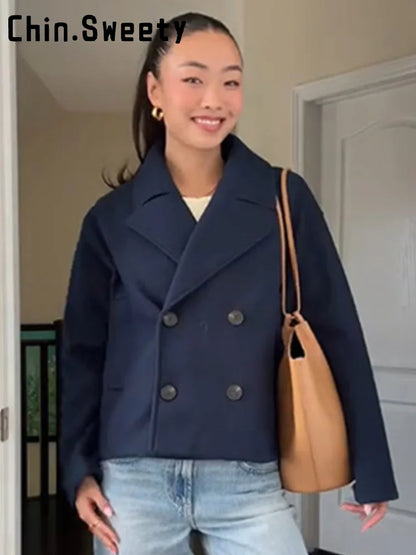 Casual Short Woolen Blends Coats Women Loose Lapel Bouble Breasted Pocket Full Sleeve Jacket 2025 Autumn Winter Lady Solid Coat