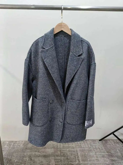 [EWQ] Korean Loose Long SleeveTurn-down Collar Solid Woolen Coats Women Double-faced Cashmere Coat Winter 2025 Autumn 16O1639