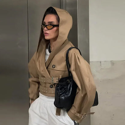 Street Hooded Double-buckle Belt Short Jacket Double Breasted Long Puff Sleeves Khaki Coat 2025 Autumn Lady Chic Outwear New