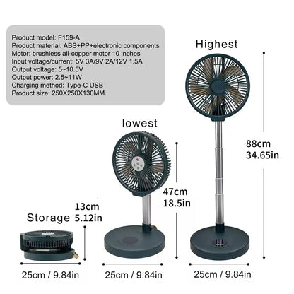 Portable Standing Fan with Remote Controller Foldable Desk Fan 10 inch fan blade Rechargeable Powered Pedestal Fan for Camping