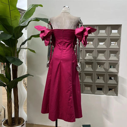 KBQ Spliced Appliques Tunic A Line Dresses for Women Slash Neck Off The Shoulder Sleeve Backless High Waist Sweet Dress Female