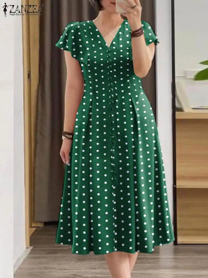 ZANZEA Elegant Women Midi Dresses 2024 Fashion Ruffle Sleeve Polka Dots A-line Vestidos Casual V Neck Commute Party Robes Femme