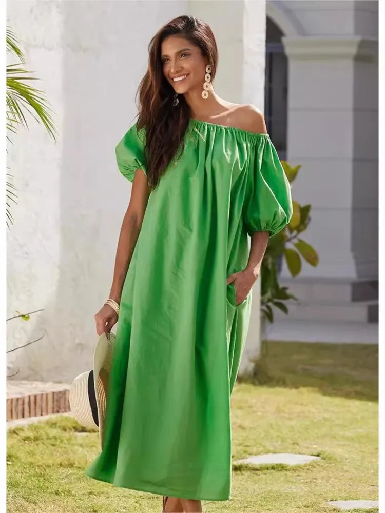 New Dress Casual Puff Sleeves Slant Shoulder Elegant Dress Fashion Green Loose Office Holiday Beach Party Dresses Robe Femme
