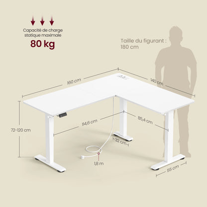 Electric Height Adjustable Desk, 140 x 160 cm, with Power Strip, 2 Height Memory Function, Cloud White/Rustic Brown