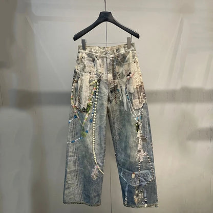 DEAT Fashionable Niche 3D Printed Lace Pearl Chain Denim Pants For Women High Waist Straight Leg Jeans Female Trendy 11A05476