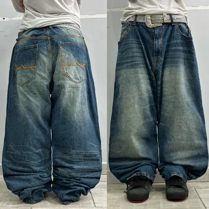 Streetwear New Fashion Red Crown Embroidered Baggy Jeans Women Y2K Gothic Harajuku Hip Hop Popular Casual Joker Couple Jeans