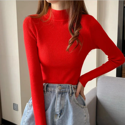 2026 Autumn Basic Bottoming Sweater Top Women Ribbed Soft Mock Neck Elastic Pullover Warm Solid Color Slim Jumper