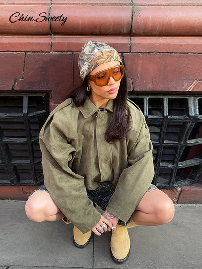 Casual Women's Suede Short Jacket Green Loose Lapel Long Sleeve Zipper Thick Coat 2025 Spring Lady High Street New in Outwears
