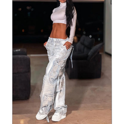 Y2K Streetwear Metallic High Waist Zipper Detail Patched Pants Flap Pocket Hip Hop Cargo Jogger Pants Daily Comfy Trousers