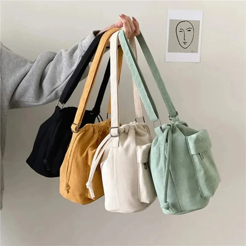 Korean Style Women's Shoulder Bag Drawstring Bucket Bag Casual Light Youth Crossbody Bag Whole New Middle Bag