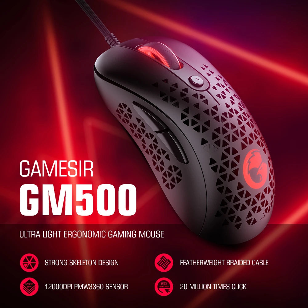 GameSir GM500 Wired Gaming Mouse Ultra Lightweight PC Mouse with PMW33600 optical sensor 12000 DPI