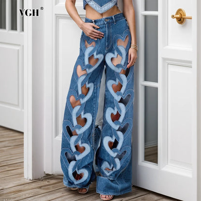 VGH Hollow Out Casual Hit Color Denim Trousers For Women High Waist Patchwork Button Streetwear Loose Straight Pants Female New