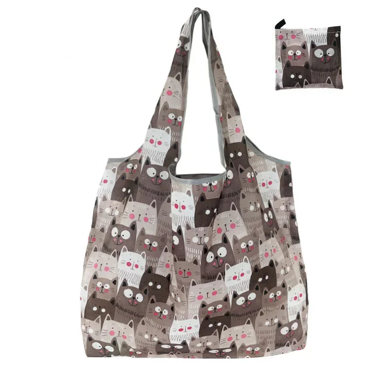 Reusable Shopping Bag Women Cute Fish Cart Flower Print  Nylon Foldable Grocery Bag Creative Eco-Friendly Tote Bag Lightweight