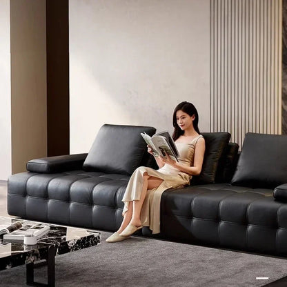 Modern Luxury 3seats Italian Minimalist Living Room Furniture Retro Lawrence Big Black Cow Leather Sofa L Shaped Lazy Minimalist