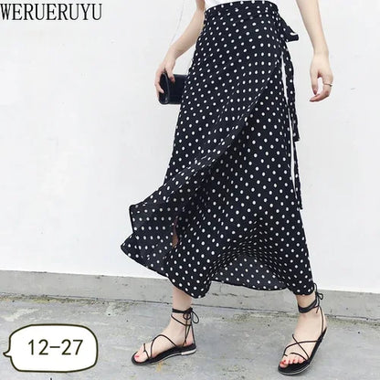 WERUERUYU Wrap Skirts Women Casual Chiffon Tie-Waist Ruffle Wide Leg Loose