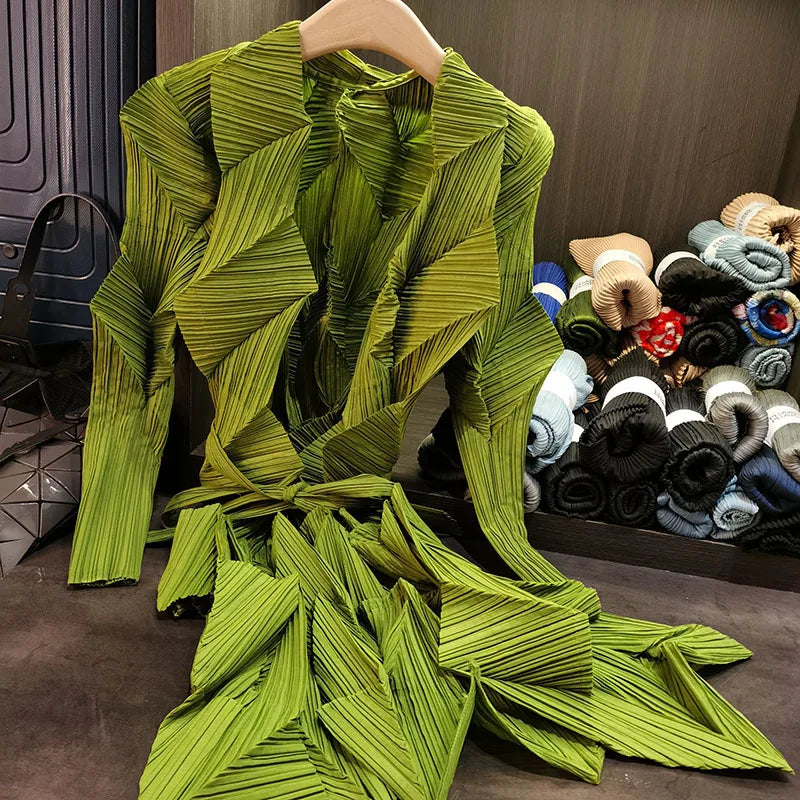 Miyake Solid Color Bud Jacket New Pleated Irregular Loose Large Size Long-sleeved Cardigan Simple Loose and Stretchy Commuter
