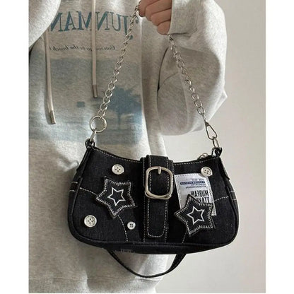 Fashion Women's Handbags Denim Stars Pattern Cool Girls Y2K  Underarm Bag Canvas Female Small Shoulder Bags Chain Tote Bag