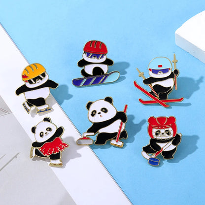 6 Styles Funny Winter Sports Panda Design Enamel Brooches Cartoon Animal Playing Skiing Fancy Speed Skating Curling Golden Pins
