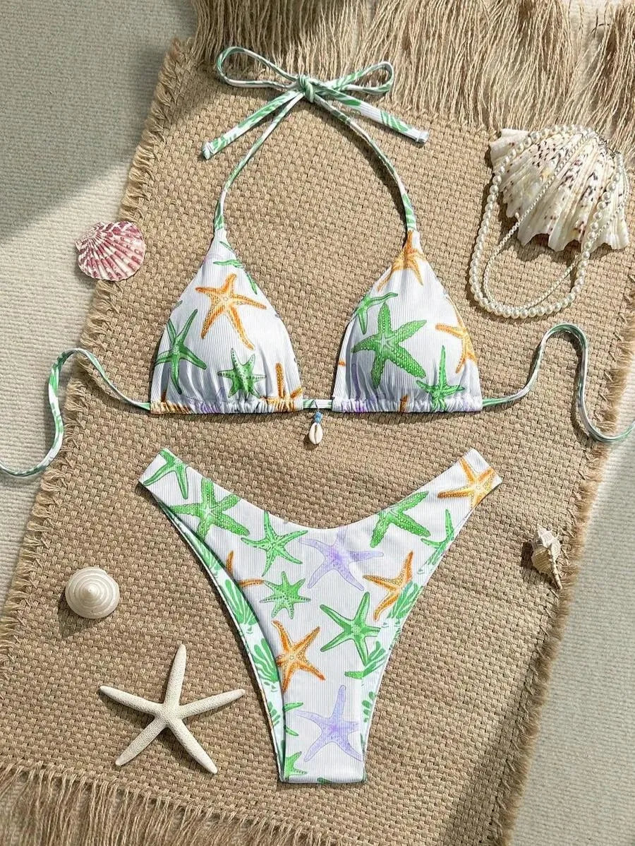 New Sexy Lace Up Neck Starfish Print Set Swimsuit Bikini Low Waist Bikinis Swimwear Beach Swimsuit Swimwear