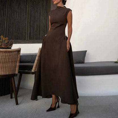 Elegant Oblique Collar Pleated A-line Dress Women Fashion Solid Sleeveless Slim Long Dresses Female 2024 New Evening Party Gowns