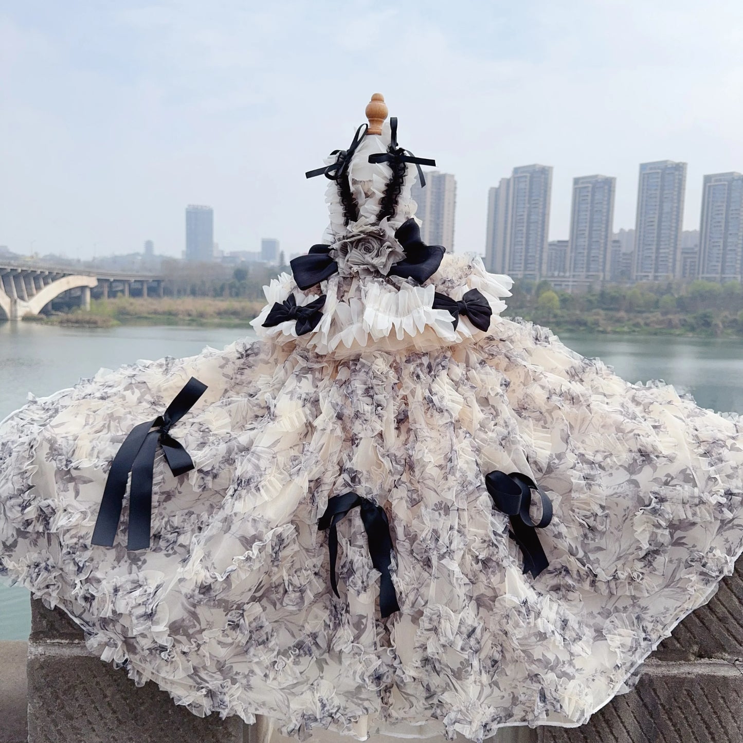 Luxury Pet Dog Clothes Pure Handmade Black Grey Lace Flower Bow Princess Dresses For Small Medium Dog All Reason Puppy Clothing