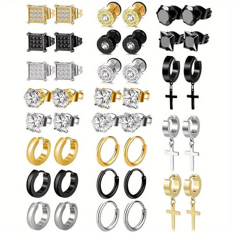 21 pairs of men's stainless steel earrings, circular CZ earrings, hypoallergenic earrings, unisex perforated earrings