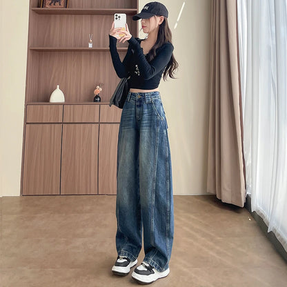 High Waist Loose Wide Leg Jeans Women Y2K Cotton Personalized Design Casual Straight Denim Fashion Tube Loose Plus Trousers